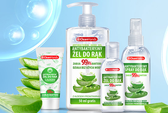 żele spray antybakteryjne do dezynfekcji rąk i powierzchni CleanHands